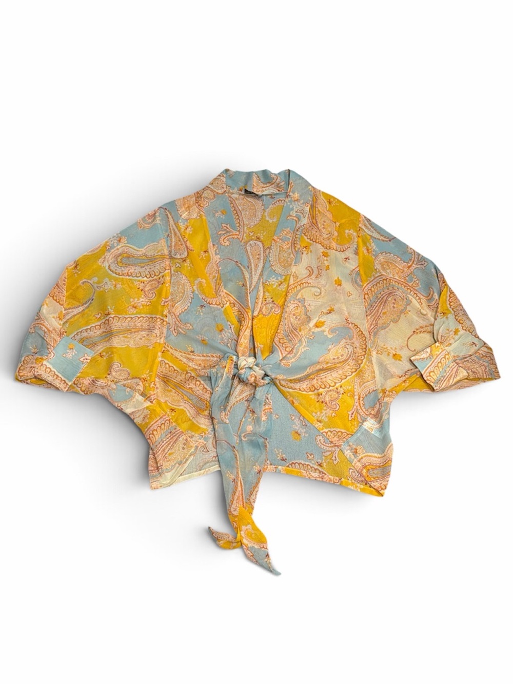 Dress Forum Tie-Front Paisley Kimono Top Yellow & Light Blue Small